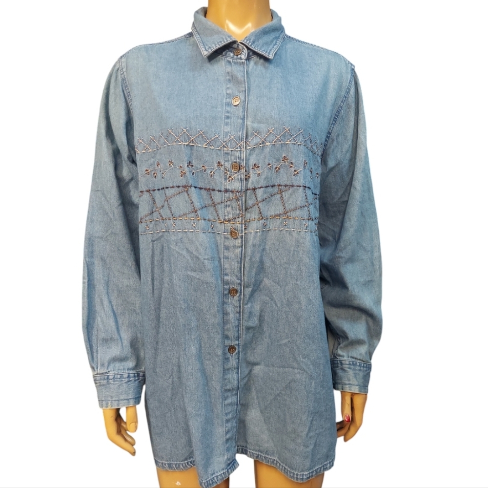 Vintage Bobboe Brooks Embroidered Chambray Denim Button Down Shirt Blouse Top